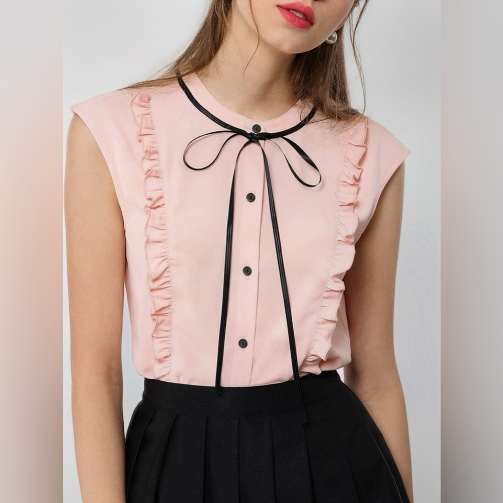 🆕 Allegra K Womens Tie Neck Summer Ruffle Sleeveless Button Down Shirt~Pink (S)